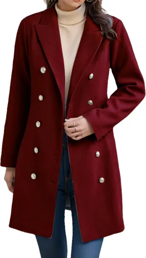 Wool Trench Coat Women Double Breasted Pea Coat Casual Long Sleeve Blazer Notch Collar Jacket Fall Winter Overcoat