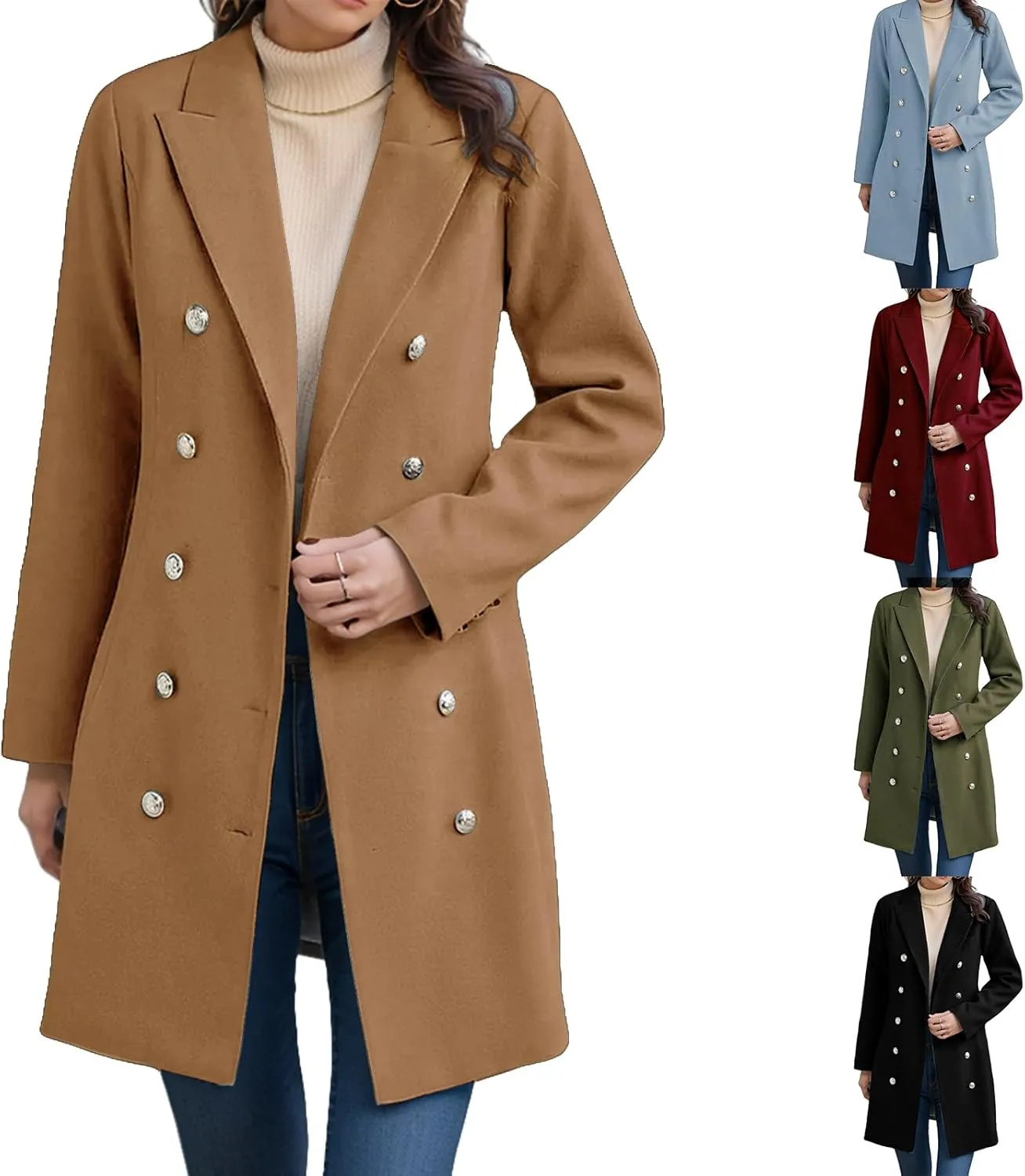 Wool Trench Coat Women Double Breasted Pea Coat Casual Long Sleeve Blazer Notch Collar Jacket Fall Winter Overcoat
