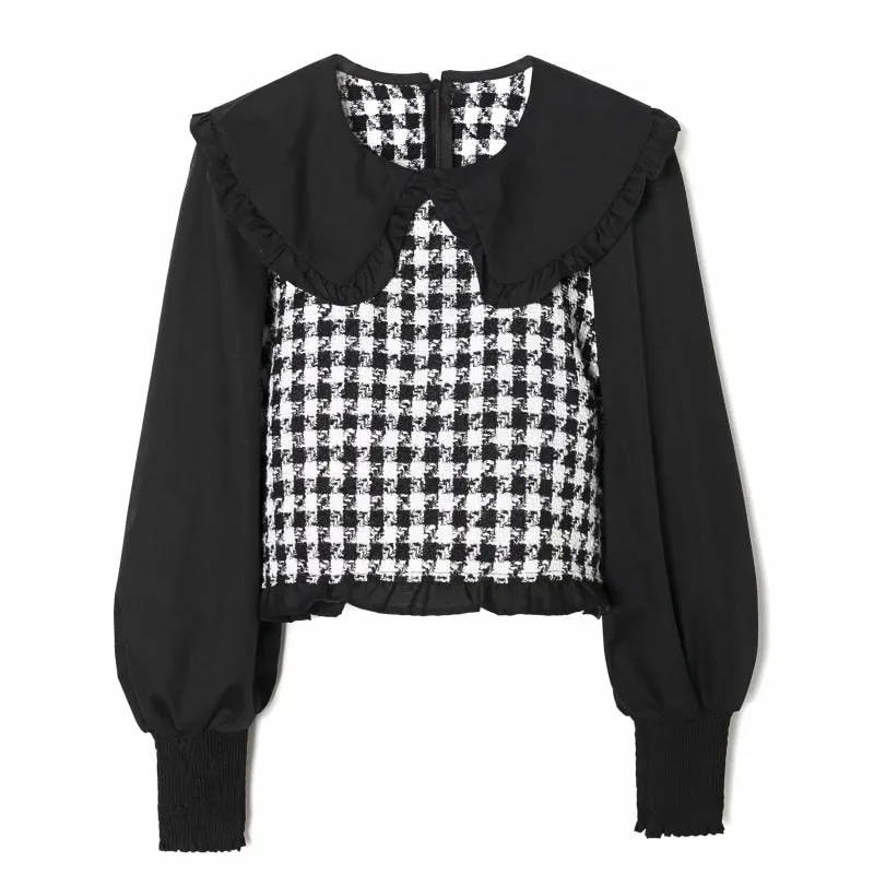 xakxx Women Contrast Color Lantern Sleeve Splicing Short Shirts Female Smock O Neck Blouses Casual Lady Loose Tops Blusas