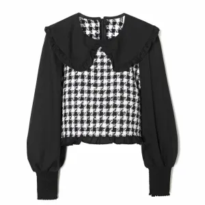 xakxx Women Contrast Color Lantern Sleeve Splicing Short Shirts Female Smock O Neck Blouses Casual Lady Loose Tops Blusas