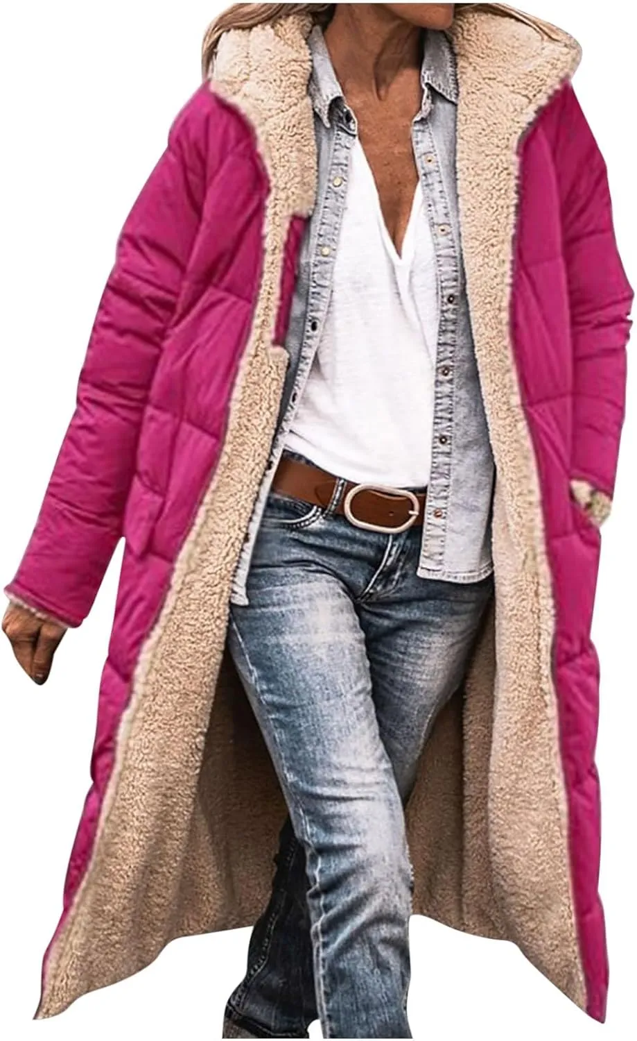 XUNRYAN Womens Sherpa Puffer Jackets Zip Up Long Parka Quilted Lightweight Down Coat Fleece Lined Outdoor Anorak Hood