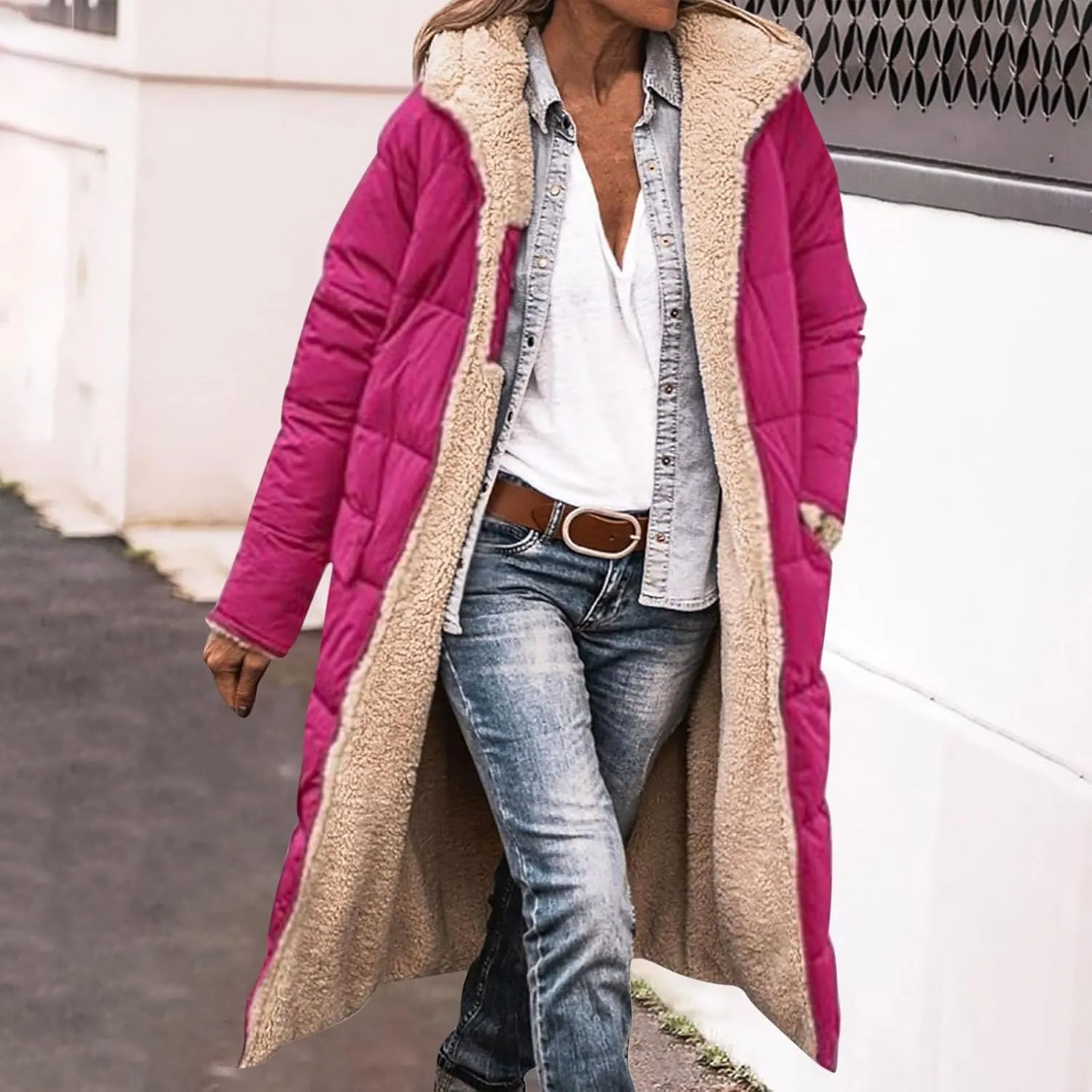 XUNRYAN Womens Sherpa Puffer Jackets Zip Up Long Parka Quilted Lightweight Down Coat Fleece Lined Outdoor Anorak Hood