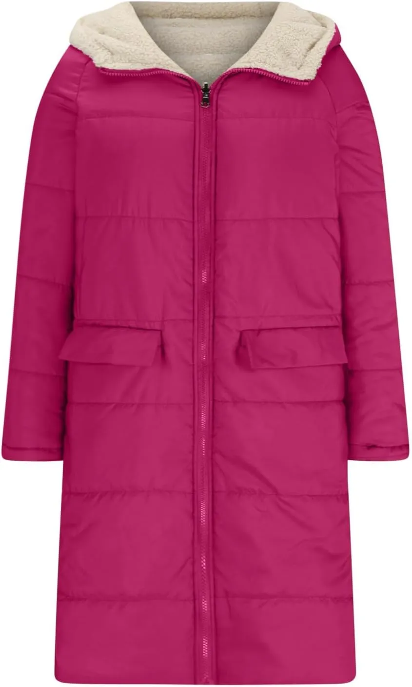 XUNRYAN Womens Sherpa Puffer Jackets Zip Up Long Parka Quilted Lightweight Down Coat Fleece Lined Outdoor Anorak Hood