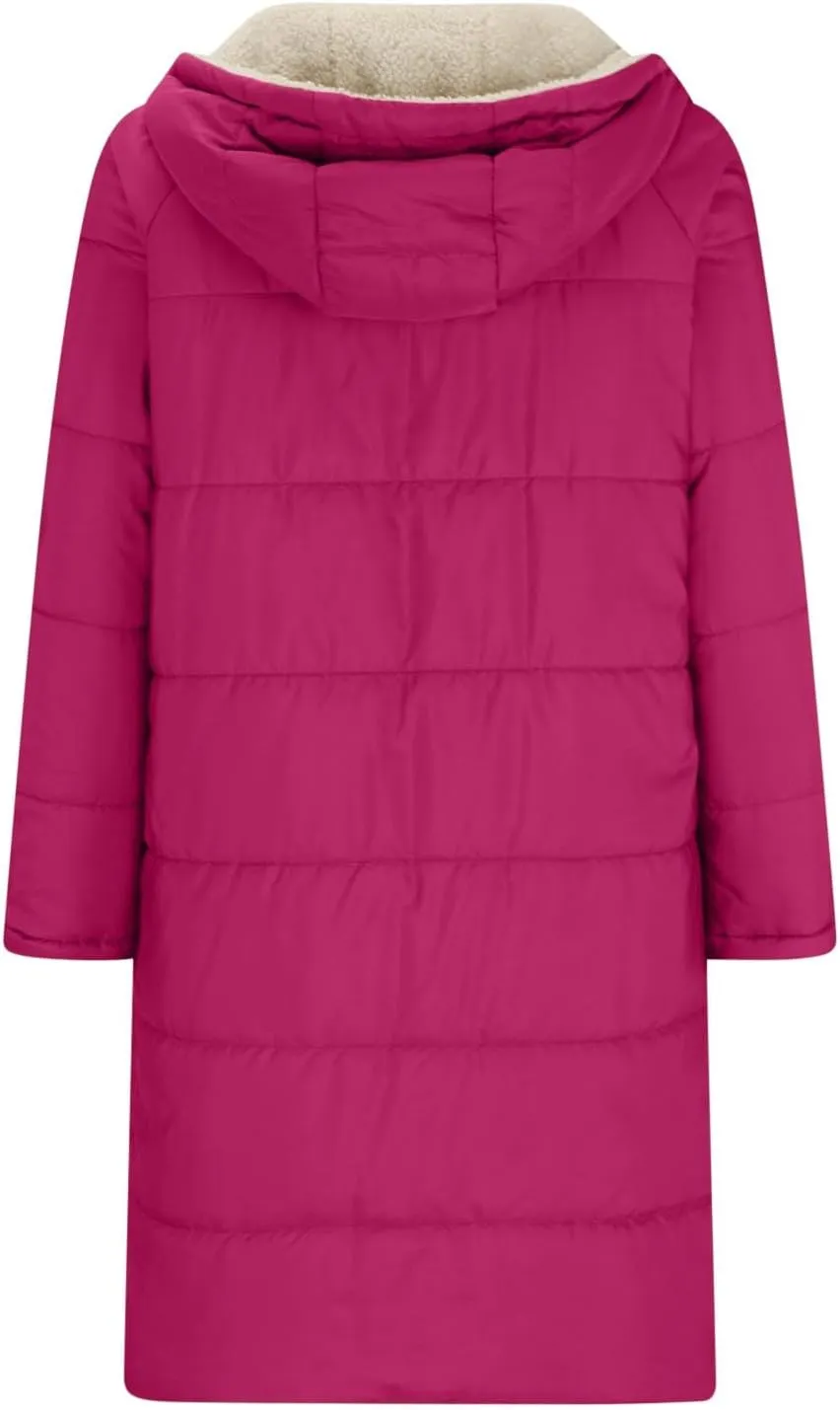 XUNRYAN Womens Sherpa Puffer Jackets Zip Up Long Parka Quilted Lightweight Down Coat Fleece Lined Outdoor Anorak Hood
