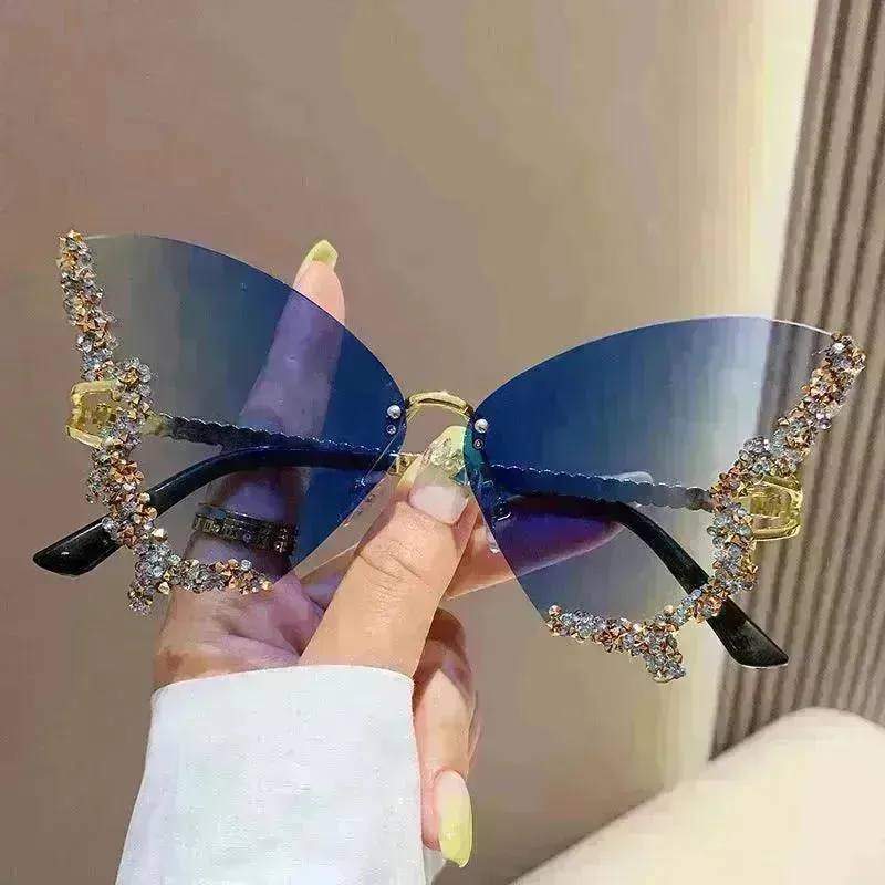 Y2K Vintage Rimless Luxury Diamond Butterfly Sunglasses for Classy Chic Ladies Women