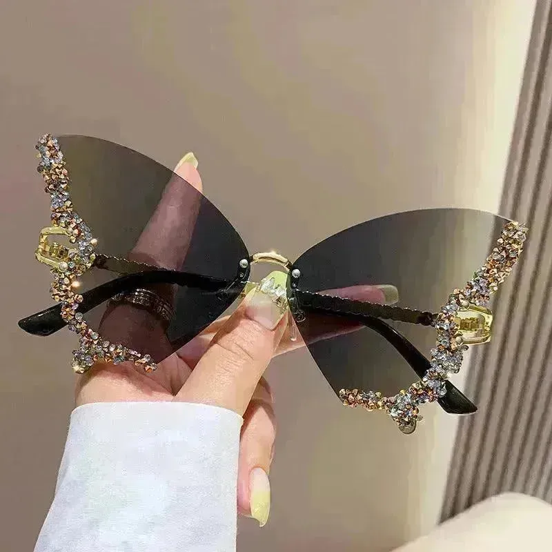 Y2K Vintage Rimless Luxury Diamond Butterfly Sunglasses for Classy Chic Ladies Women