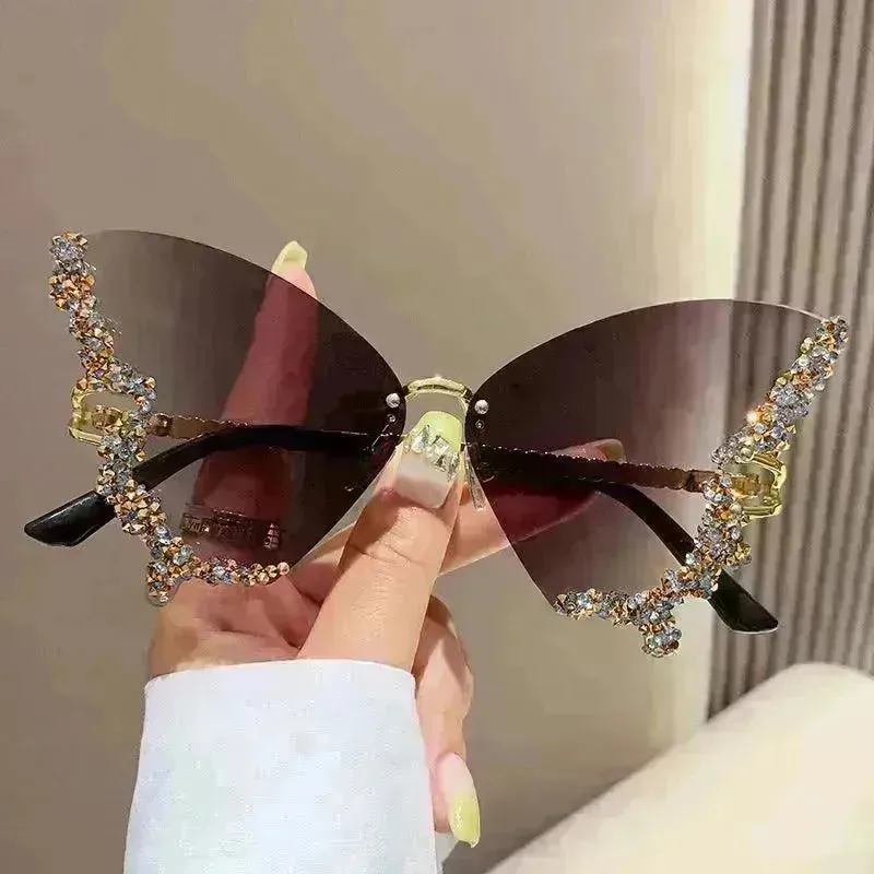 Y2K Vintage Rimless Luxury Diamond Butterfly Sunglasses for Classy Chic Ladies Women