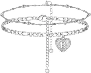 YANCHUN Initial Ankle Bracelets for Women Silver Heart Double Layered Initial Anklets Jewelry Gifts for Women Trendy Stocking Stuffers