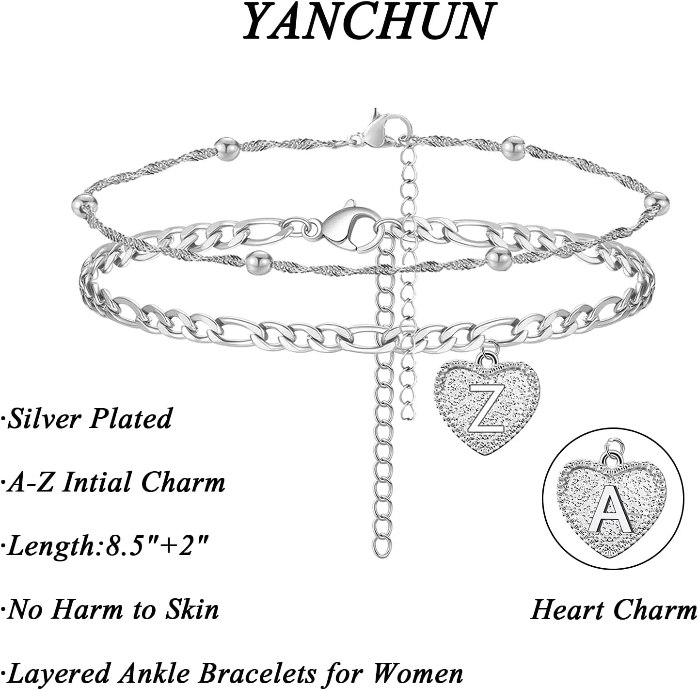 YANCHUN Initial Ankle Bracelets for Women Silver Heart Double Layered Initial Anklets Jewelry Gifts for Women Trendy Stocking Stuffers