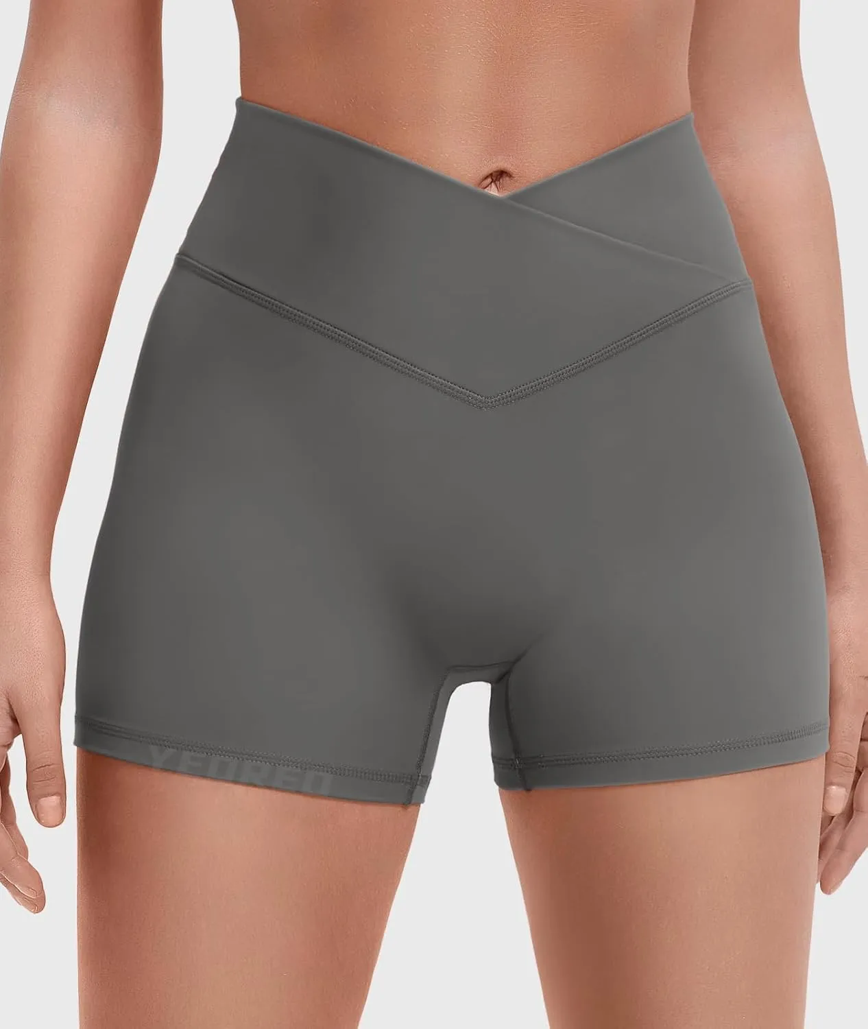 YEOREO Gym Workout Shorts for Women High Waisted Tummy Control Hidden Scrunch 4.5" Booty Shorts Julissa Cross Waist Yoga