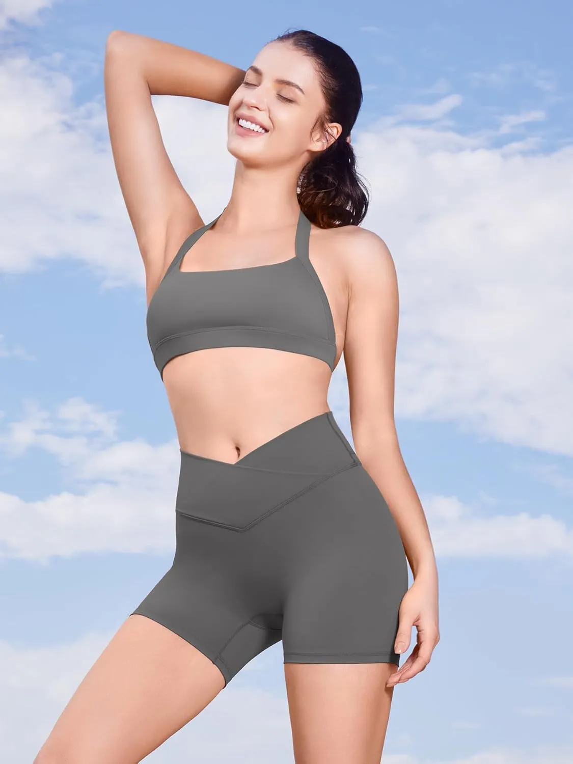 YEOREO Gym Workout Shorts for Women High Waisted Tummy Control Hidden Scrunch 4.5" Booty Shorts Julissa Cross Waist Yoga