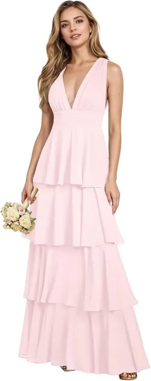 yinyyinhs V Neck Chiffon Bridesmaid Dresses for Women 2025 Long Tiered A-Line Ruffles Formal Evening Party Dress