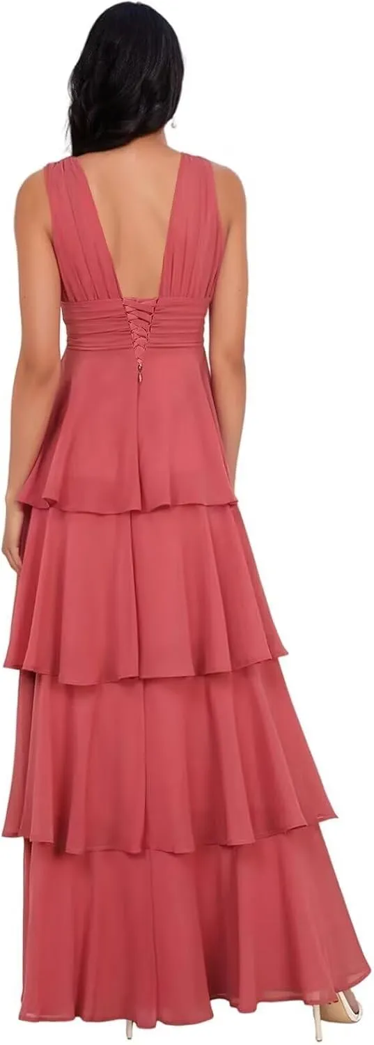 yinyyinhs V Neck Chiffon Bridesmaid Dresses for Women 2025 Long Tiered A-Line Ruffles Formal Evening Party Dress