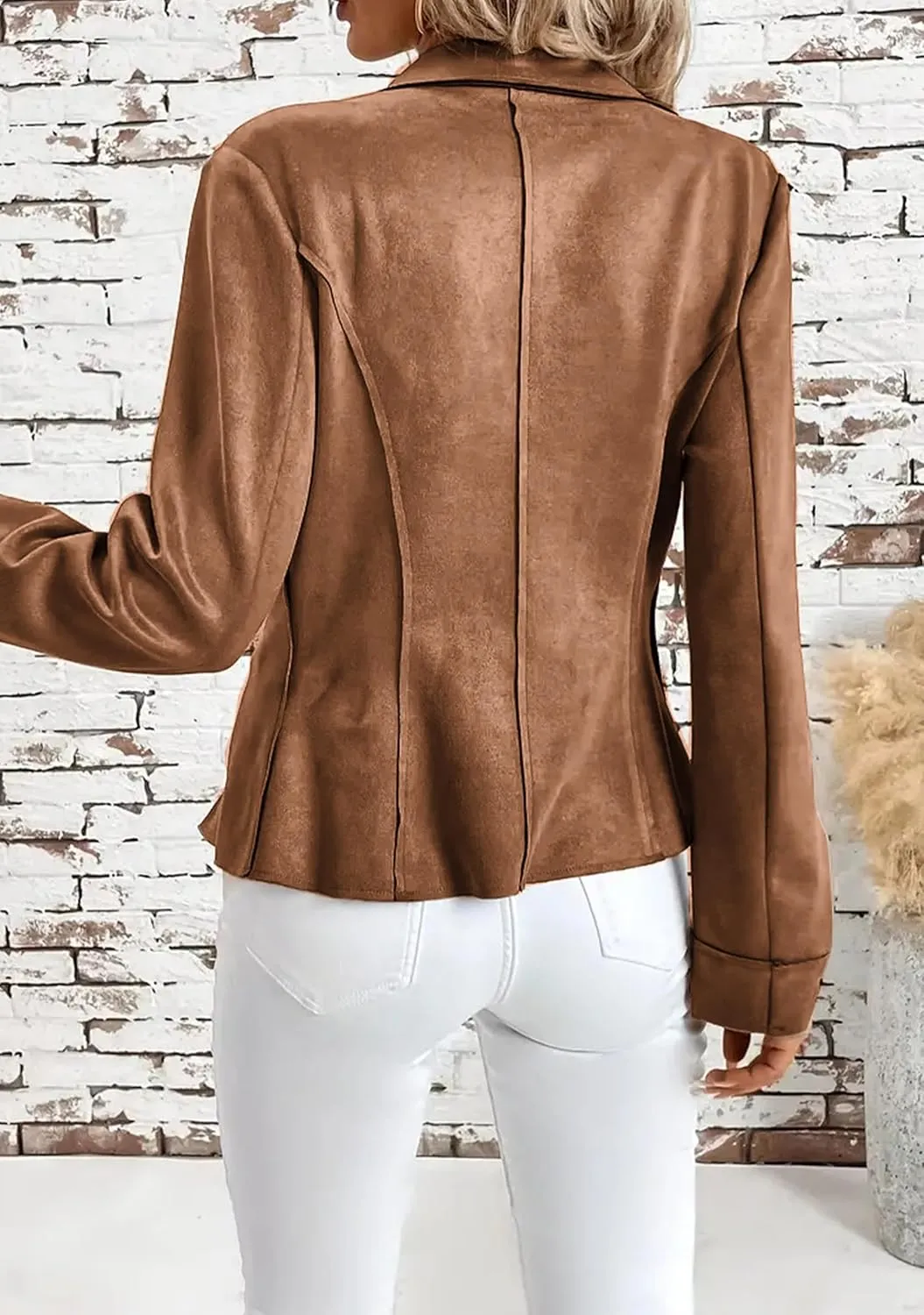 YMING Womens Faux Suede Lapel Collar Coats Fall Zipper Jackets Solid Color Moto Biker Coats