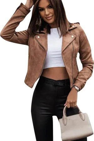 YMING Womens Faux Suede Lapel Collar Coats Fall Zipper Jackets Solid Color Moto Biker Coats