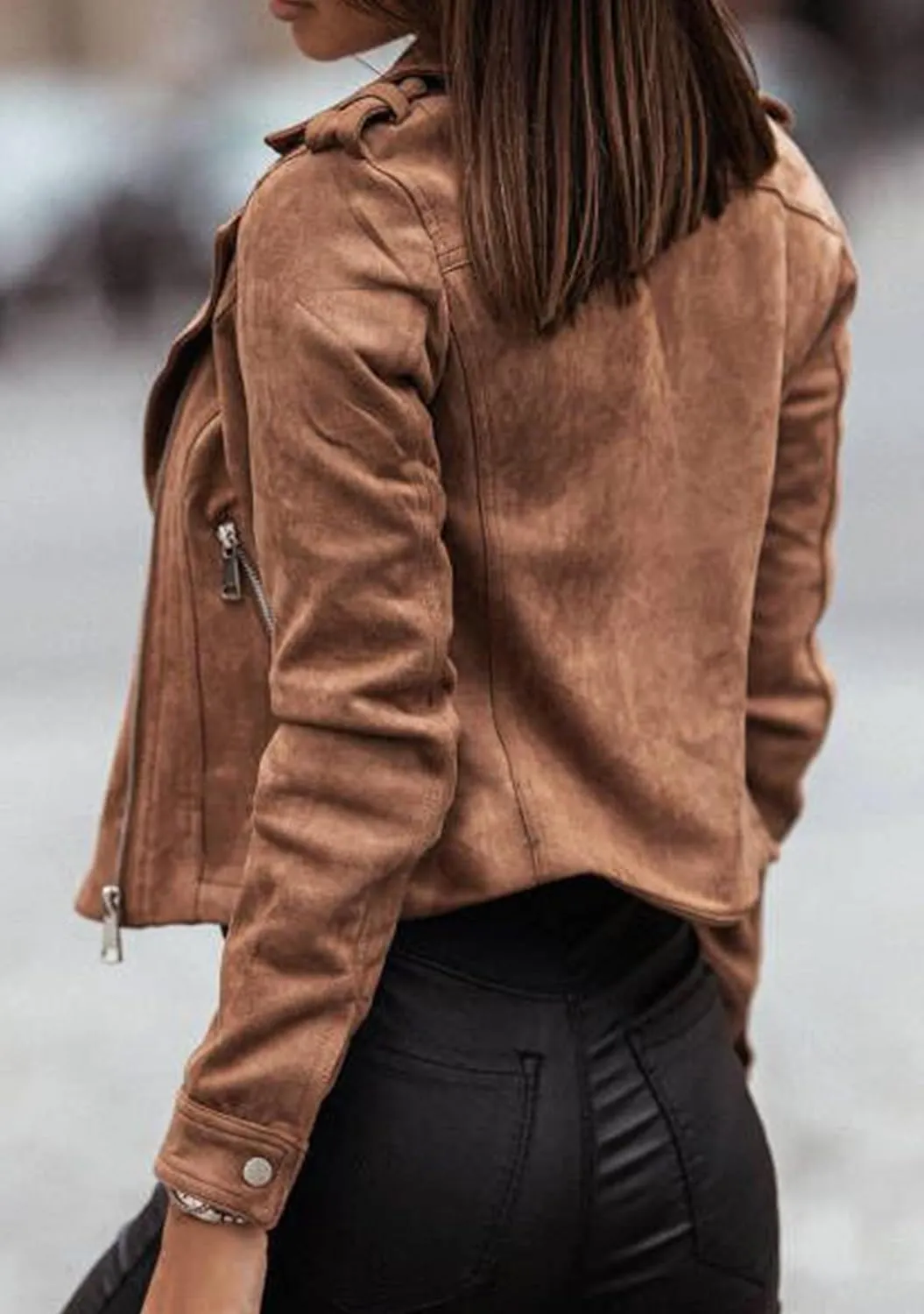 YMING Womens Faux Suede Lapel Collar Coats Fall Zipper Jackets Solid Color Moto Biker Coats