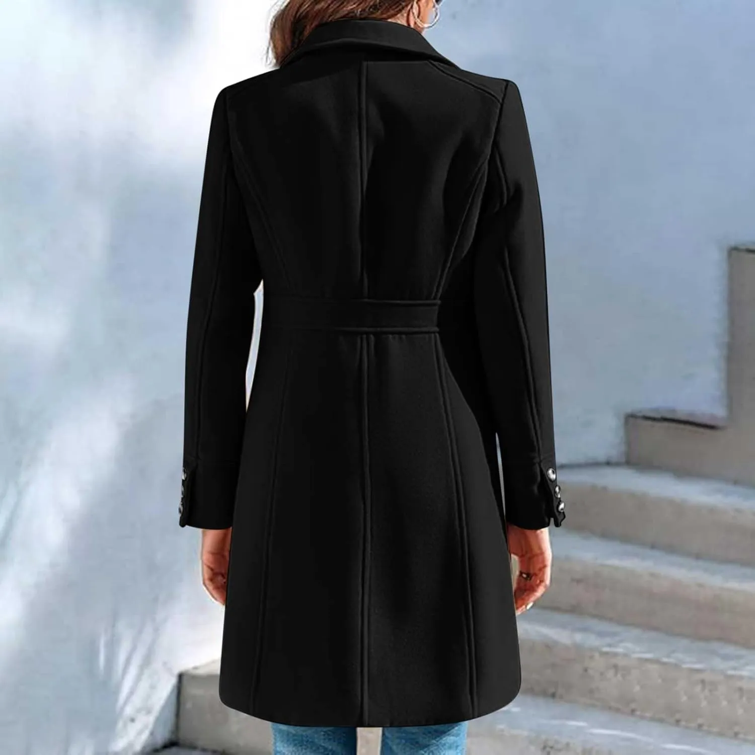 YRAETENM Women's Wool Trench Coat Single Breasted Lapel Collar Pea Coats Winter Thick Long Overcoat Outerwear with Pockets