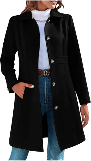 YRAETENM Women's Wool Trench Coat Single Breasted Lapel Collar Pea Coats Winter Thick Long Overcoat Outerwear with Pockets
