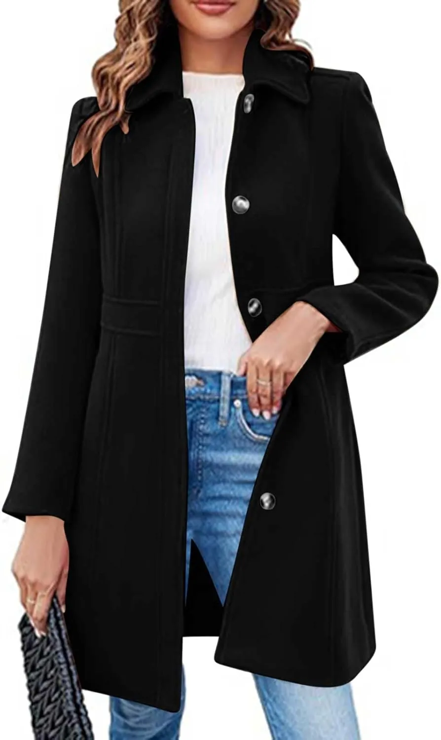 YRAETENM Women's Wool Trench Coat Single Breasted Lapel Collar Pea Coats Winter Thick Long Overcoat Outerwear with Pockets