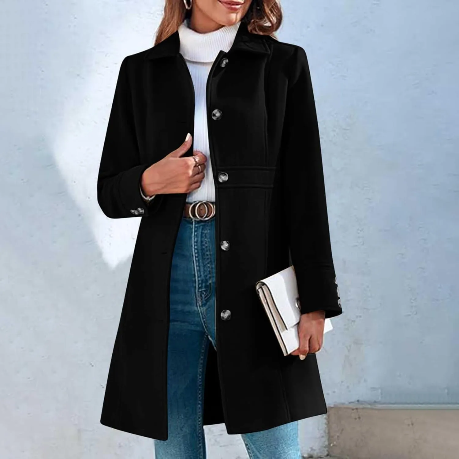 YRAETENM Women's Wool Trench Coat Single Breasted Lapel Collar Pea Coats Winter Thick Long Overcoat Outerwear with Pockets