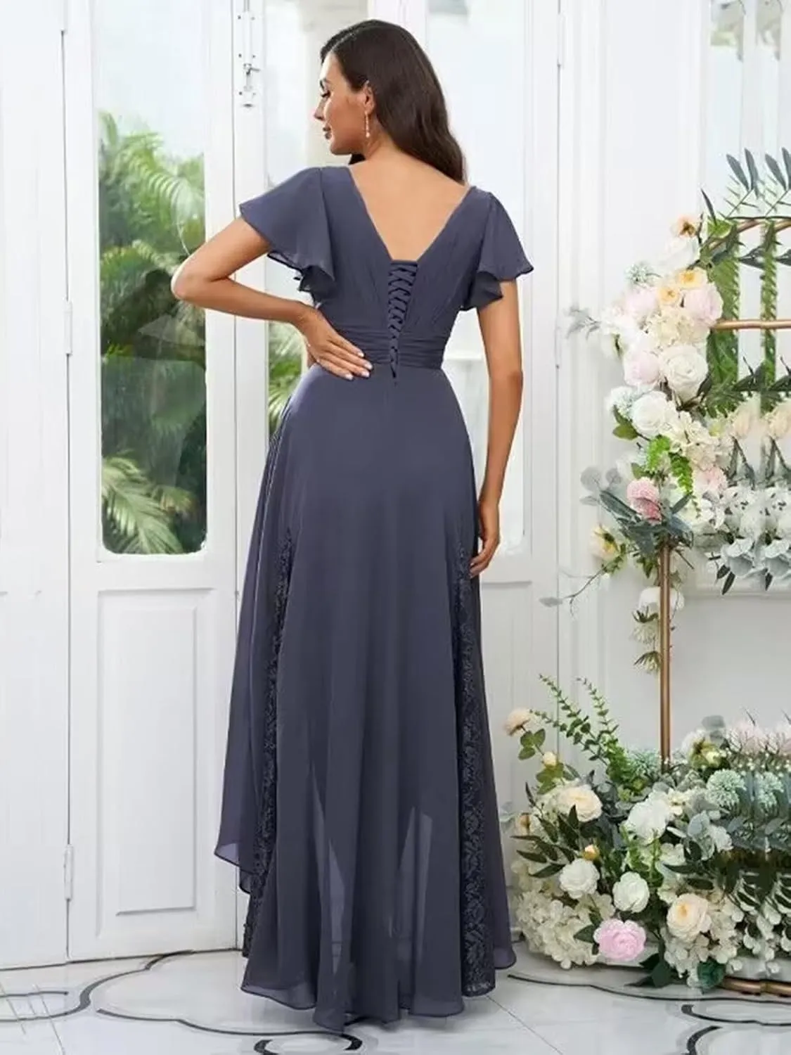 Yuxin Tea Length Mother of The Bride Dresses for Wedding Lace Chiffon Mother of The Groom Dress with Sleeve 815