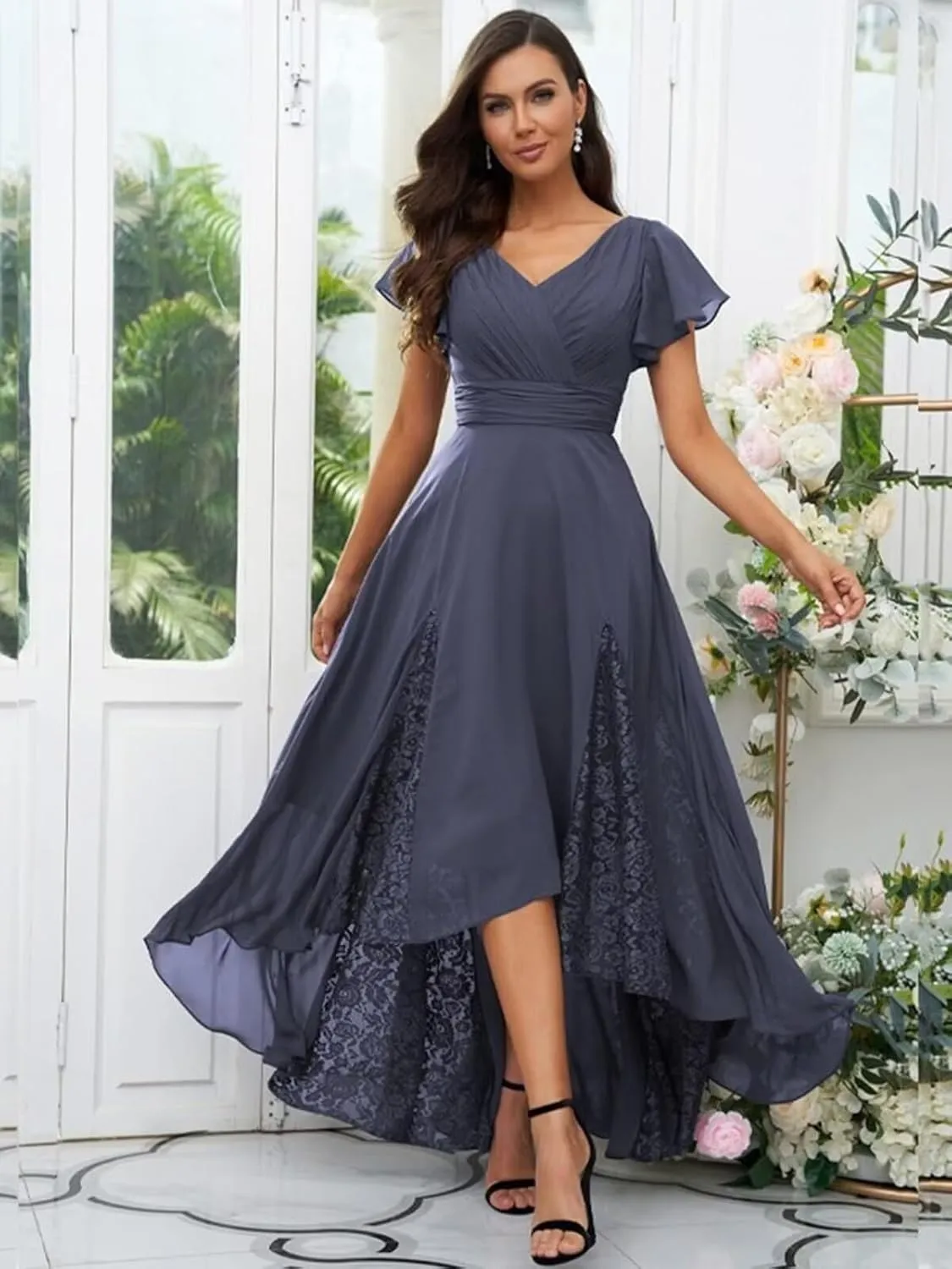 Yuxin Tea Length Mother of The Bride Dresses for Wedding Lace Chiffon Mother of The Groom Dress with Sleeve 815