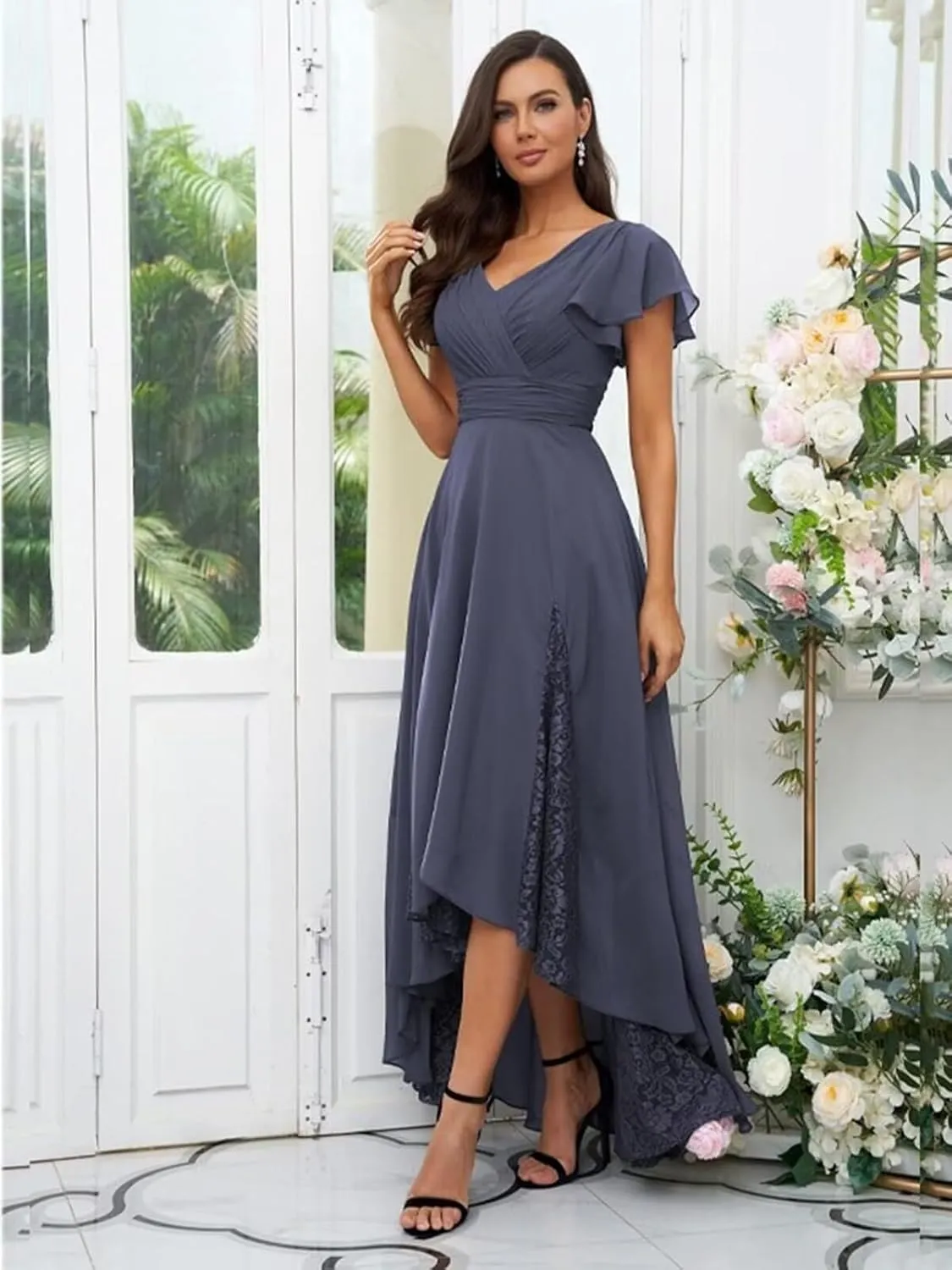 Yuxin Tea Length Mother of The Bride Dresses for Wedding Lace Chiffon Mother of The Groom Dress with Sleeve 815