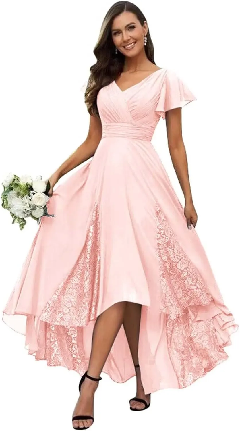 Yuxin Tea Length Mother of The Bride Dresses for Wedding Lace Chiffon Mother of The Groom Dress with Sleeve 815