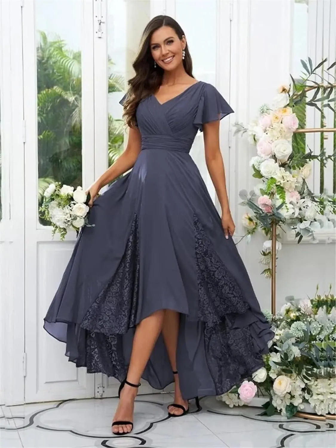 Yuxin Tea Length Mother of The Bride Dresses for Wedding Lace Chiffon Mother of The Groom Dress with Sleeve 815