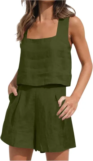 ZDRZK 2 Piece Shorts Set For Women Summer 2023 Trendy Sleeveless Crop Tank Top And High Waisted Shorts Romper Outfits