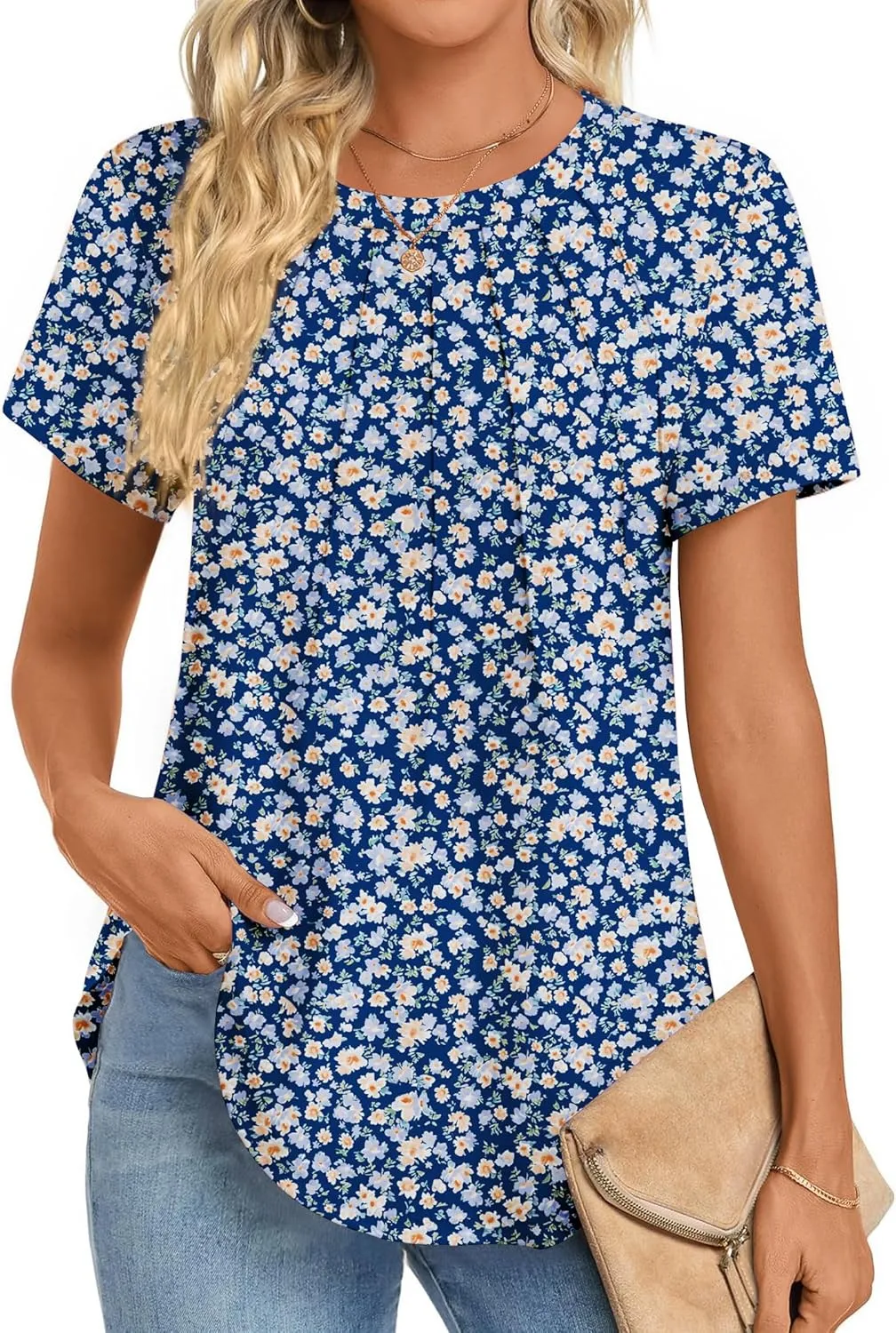 Zeagoo Womens Casual T Shirts for Summer 2025 Short Sleeve Crewneck Tunic Shirts Floral Print Tops Pleated Dressy Blouse