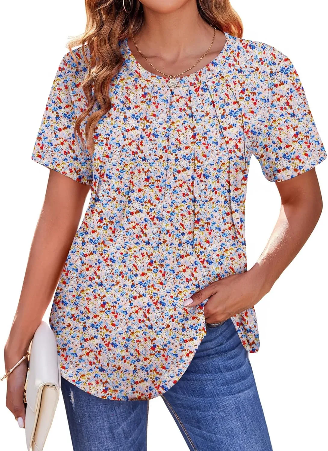 Zeagoo Womens Casual T Shirts for Summer 2025 Short Sleeve Crewneck Tunic Shirts Floral Print Tops Pleated Dressy Blouse