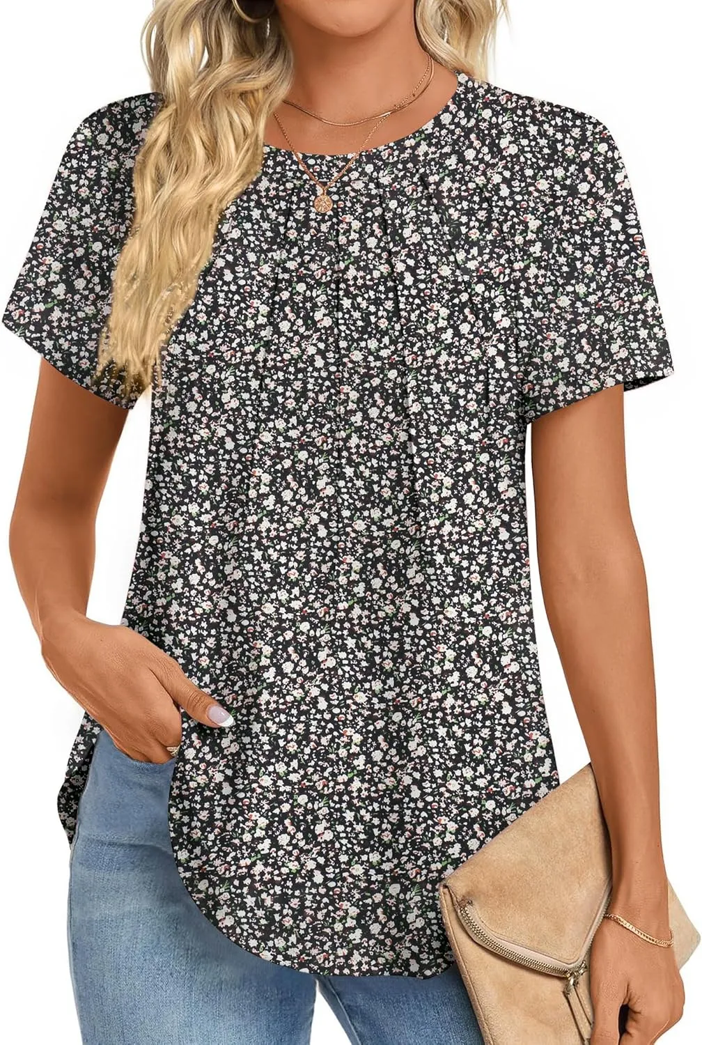 Zeagoo Womens Casual T Shirts for Summer 2025 Short Sleeve Crewneck Tunic Shirts Floral Print Tops Pleated Dressy Blouse