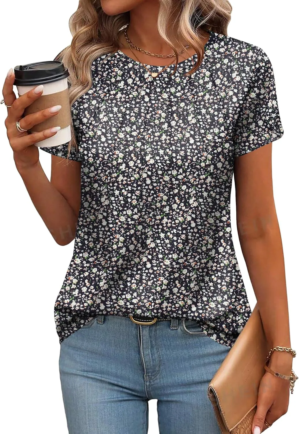 Zeagoo Womens Casual T Shirts for Summer 2025 Short Sleeve Crewneck Tunic Shirts Floral Print Tops Pleated Dressy Blouse
