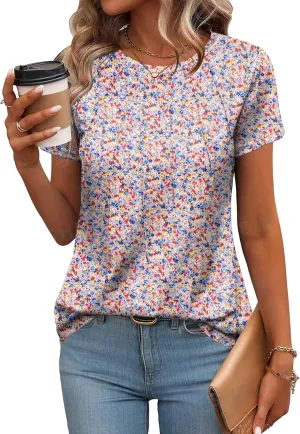 Zeagoo Womens Casual T Shirts for Summer 2025 Short Sleeve Crewneck Tunic Shirts Floral Print Tops Pleated Dressy Blouse