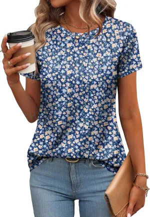 Zeagoo Womens Casual T Shirts for Summer 2025 Short Sleeve Crewneck Tunic Shirts Floral Print Tops Pleated Dressy Blouse