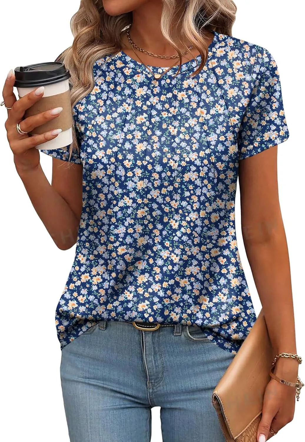 Zeagoo Womens Casual T Shirts for Summer 2025 Short Sleeve Crewneck Tunic Shirts Floral Print Tops Pleated Dressy Blouse