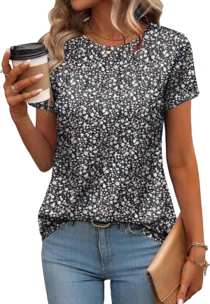 Zeagoo Womens Casual T Shirts for Summer 2025 Short Sleeve Crewneck Tunic Shirts Floral Print Tops Pleated Dressy Blouse