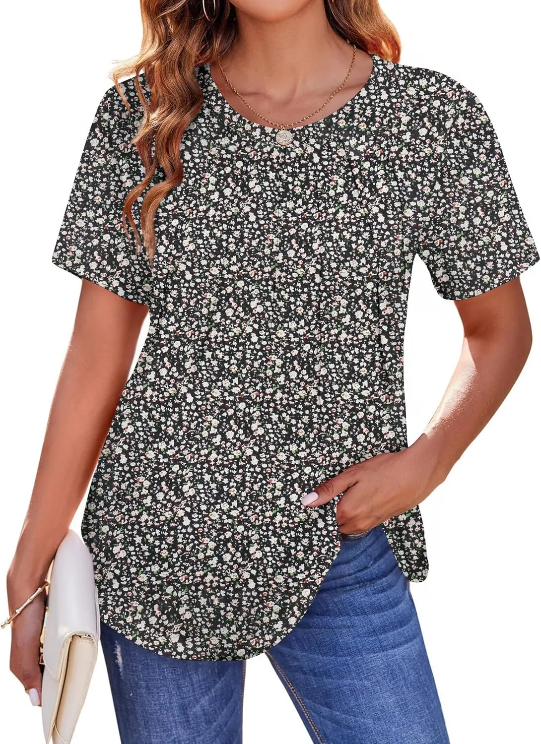 Zeagoo Womens Casual T Shirts for Summer 2025 Short Sleeve Crewneck Tunic Shirts Floral Print Tops Pleated Dressy Blouse