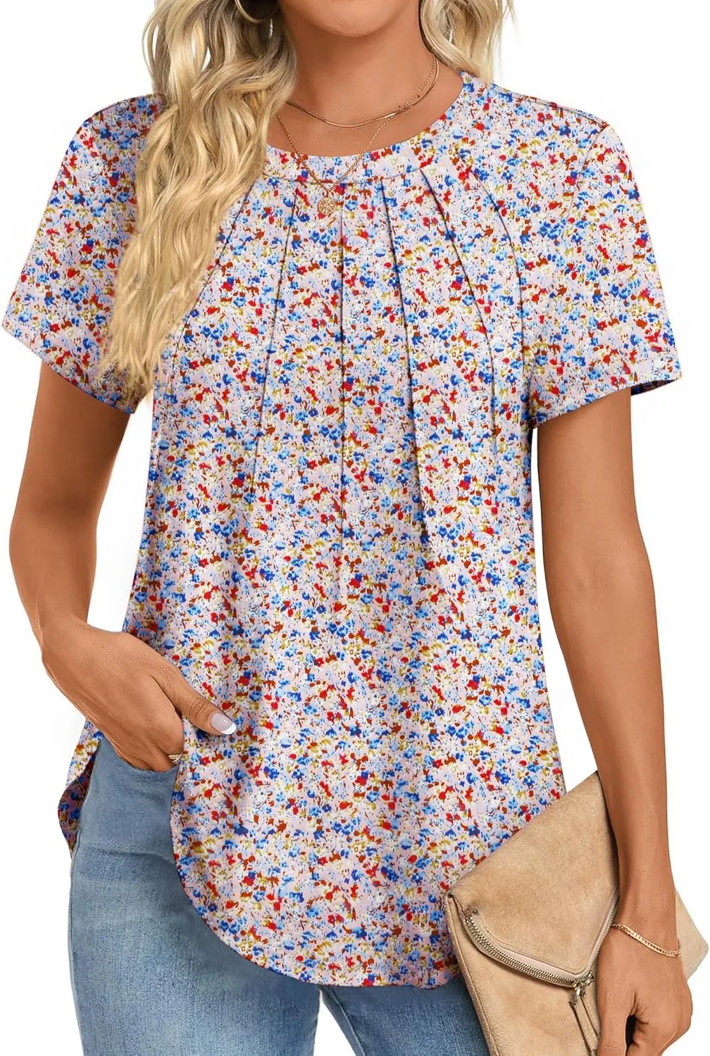 Zeagoo Womens Casual T Shirts for Summer 2025 Short Sleeve Crewneck Tunic Shirts Floral Print Tops Pleated Dressy Blouse