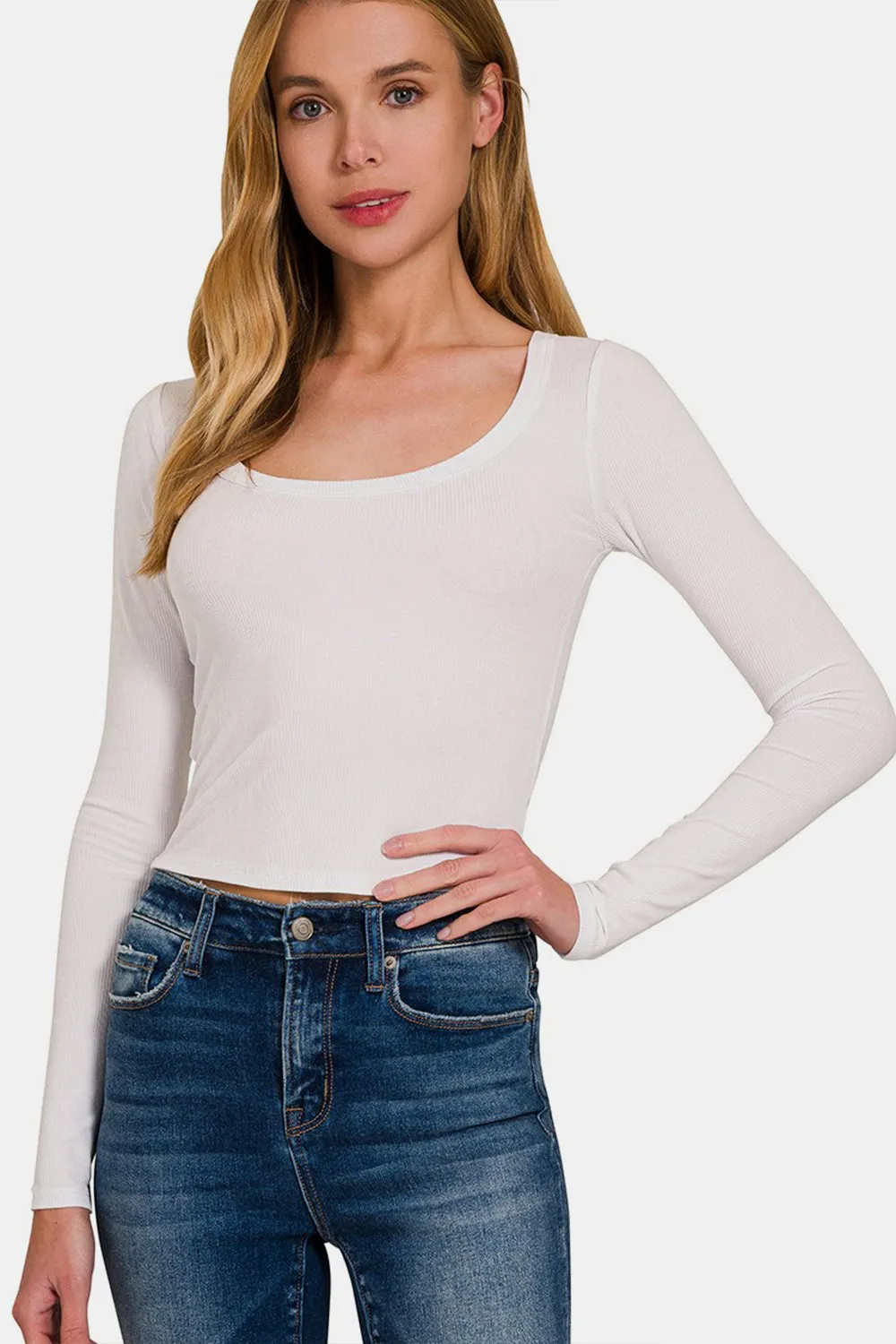 Zenana Scoop Neck Long Sleeve T-Shirt - White