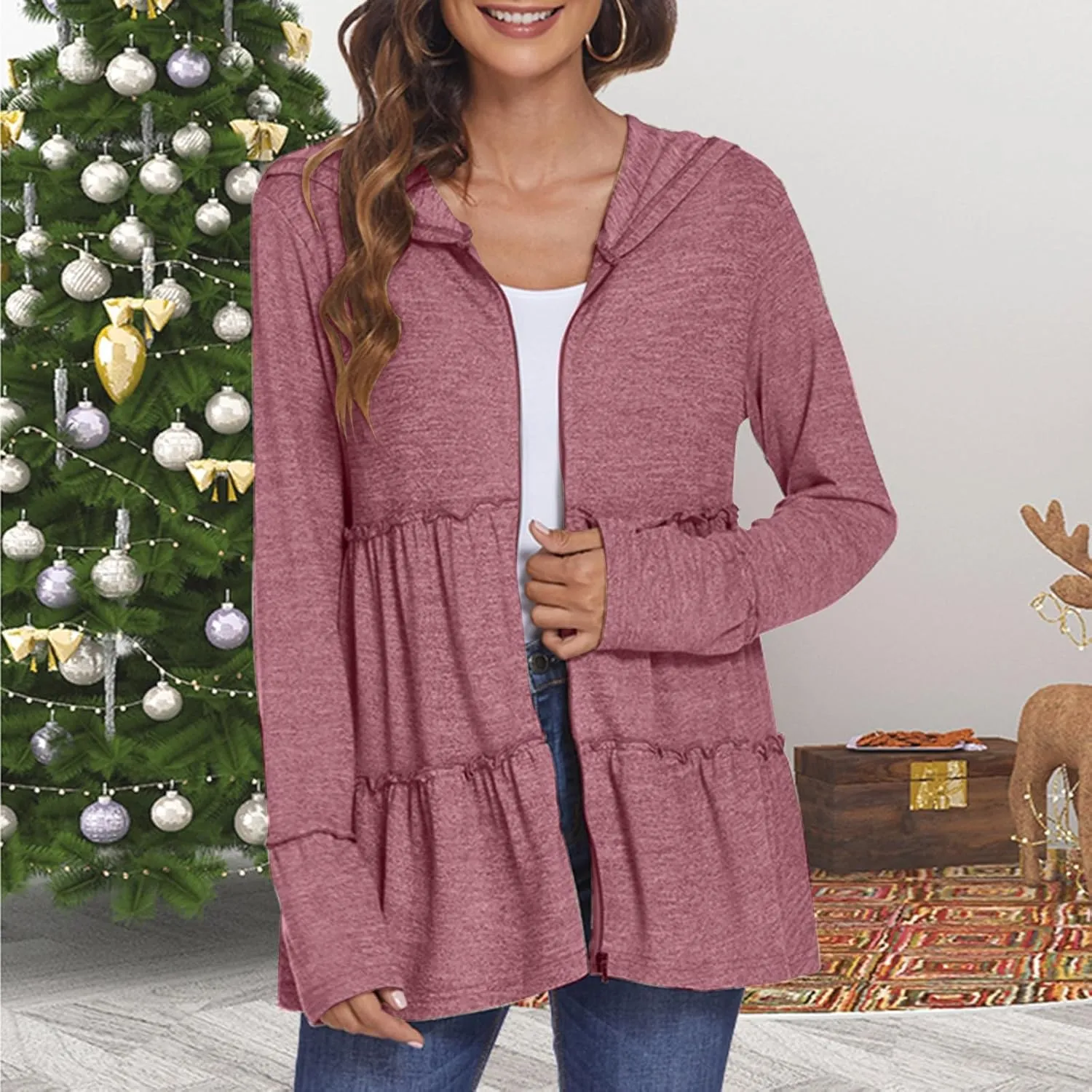 Zip Up Hoodie Women Casual Peplum Lightweight Athletic Sweat Zip Up Jackets Cute Tiered Ruffle Sweatshirt Hoodies