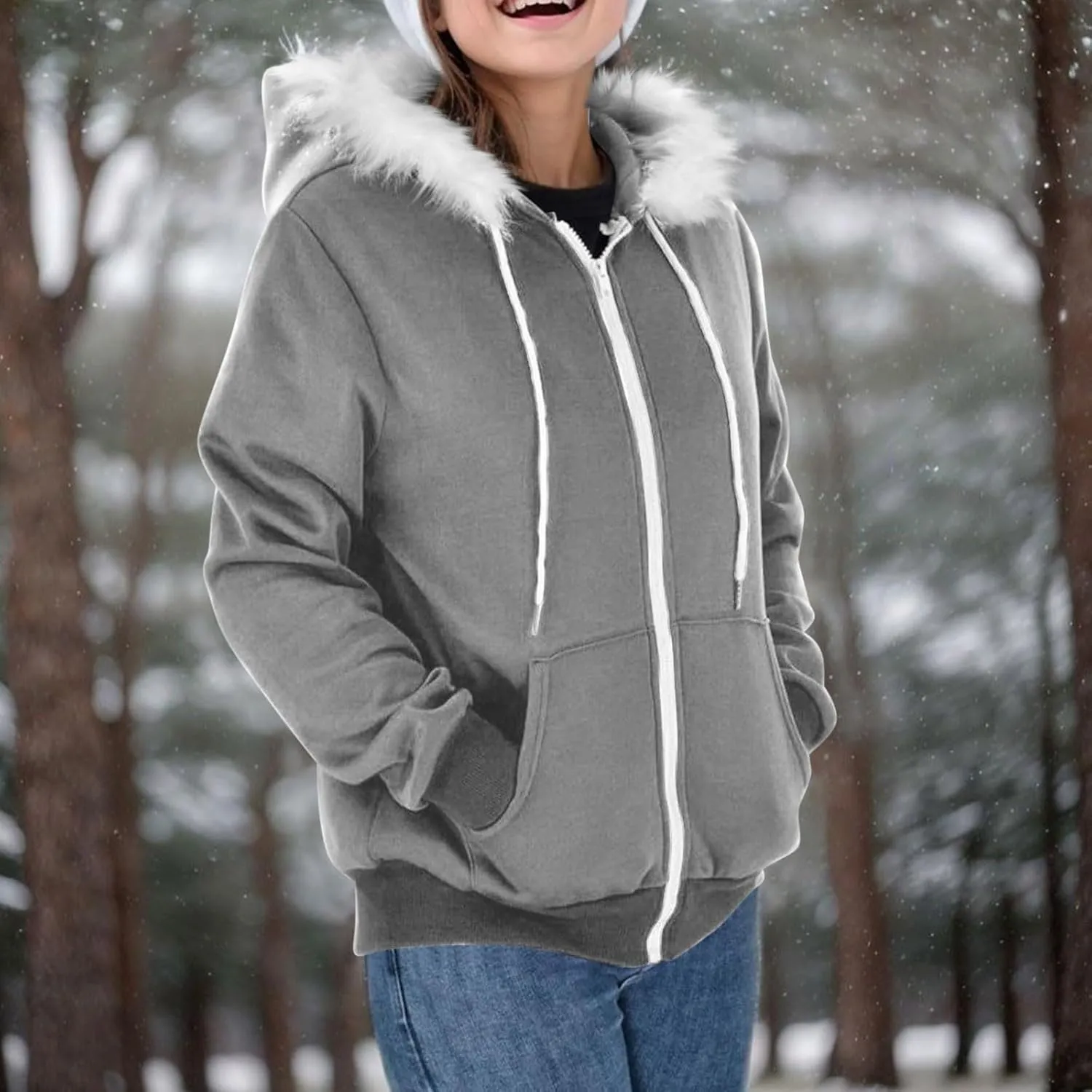 Zip Up Hoodie Women Fleece Lined Zip Up Jackets Casual Loose Drawstring Plain Hooded Sweatshirt with Pockets