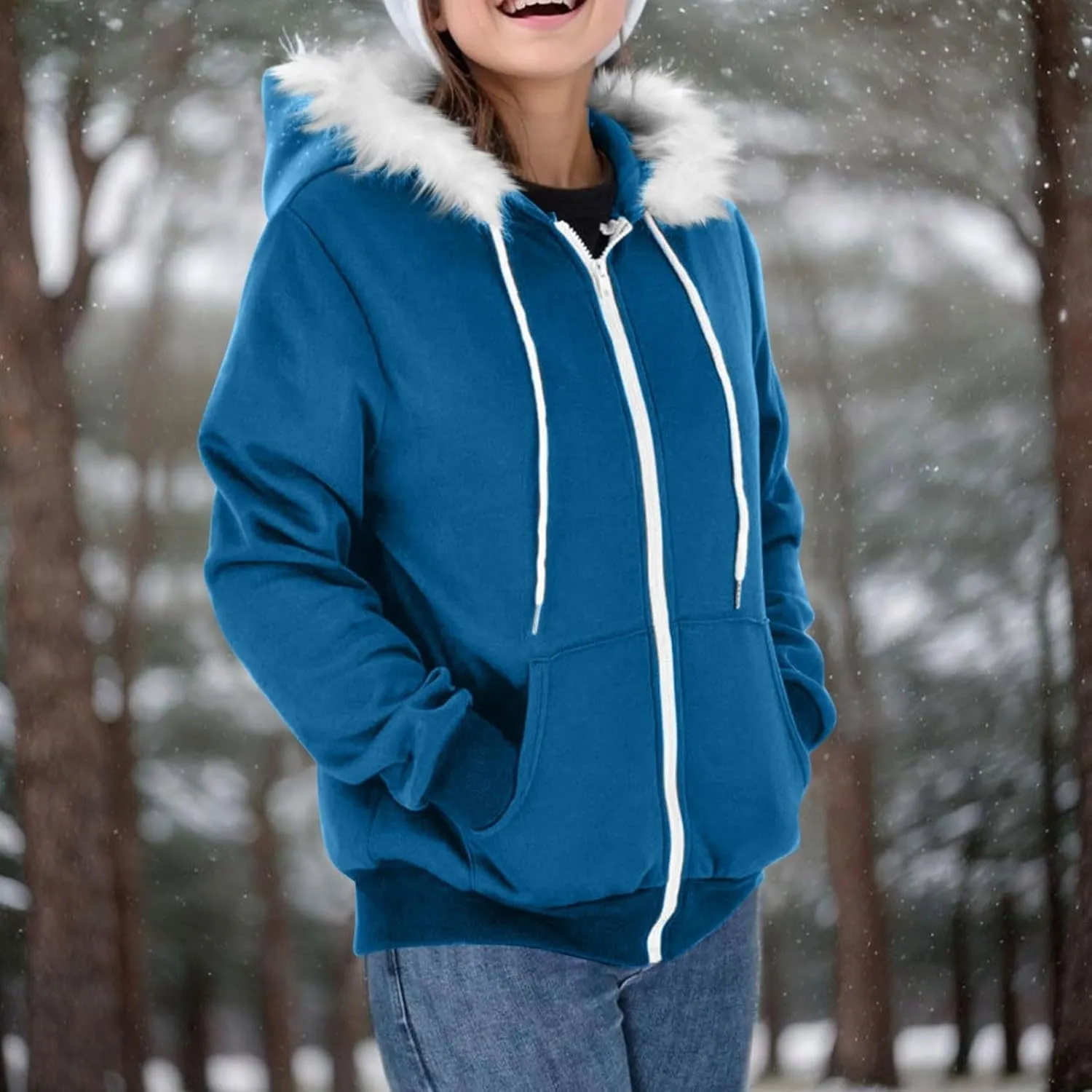 Zip Up Hoodie Women Fleece Lined Zip Up Jackets Casual Loose Drawstring Plain Hooded Sweatshirt with Pockets
