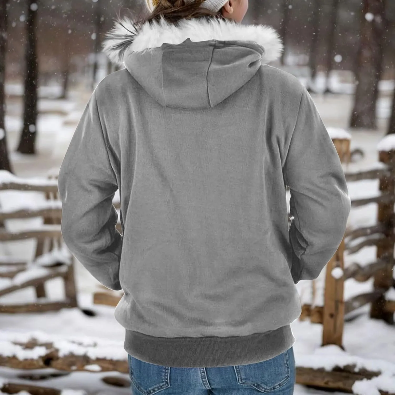 Zip Up Hoodie Women Fleece Lined Zip Up Jackets Casual Loose Drawstring Plain Hooded Sweatshirt with Pockets