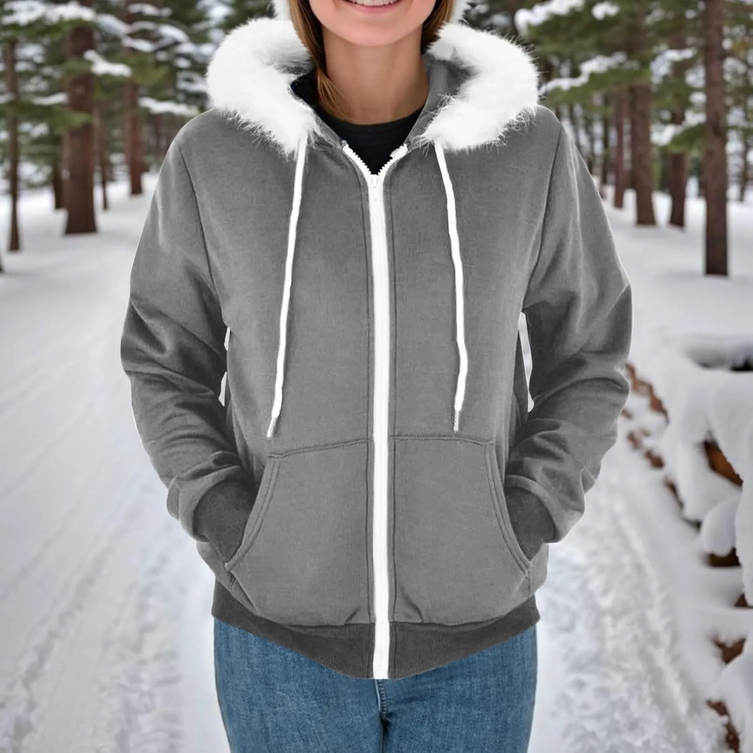 Zip Up Hoodie Women Fleece Lined Zip Up Jackets Casual Loose Drawstring Plain Hooded Sweatshirt with Pockets