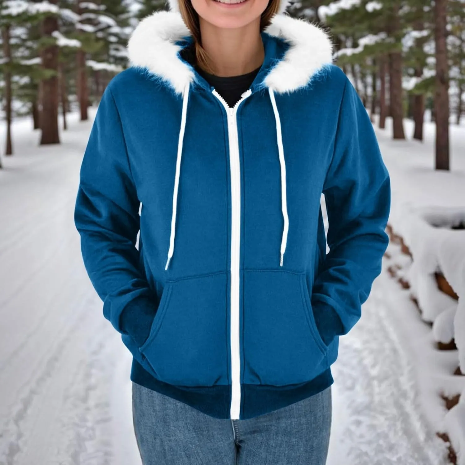 Zip Up Hoodie Women Fleece Lined Zip Up Jackets Casual Loose Drawstring Plain Hooded Sweatshirt with Pockets
