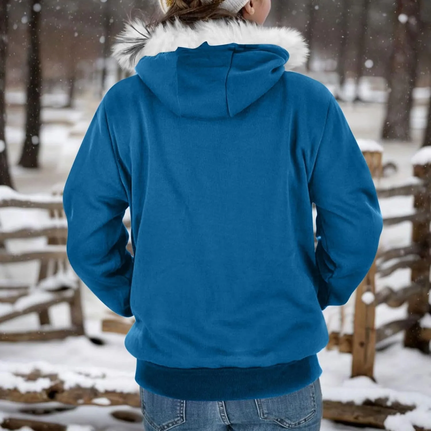 Zip Up Hoodie Women Fleece Lined Zip Up Jackets Casual Loose Drawstring Plain Hooded Sweatshirt with Pockets