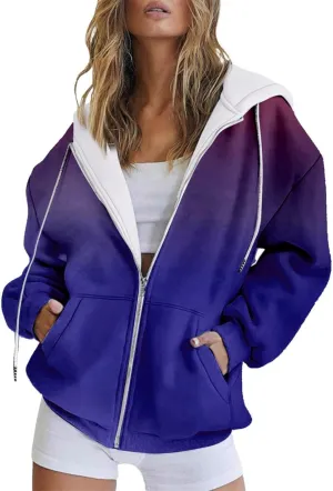 Zip Up Sweatshirt Women Oversized Lightweight Hooded Patterned Sweatshirt Long Sleeve Sweatshirts Casual Fall Clothes