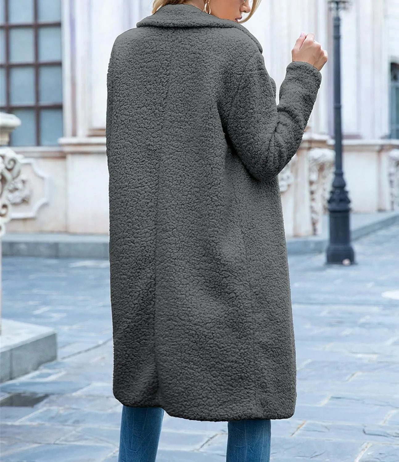 ZWRXW Women's Fuzzy Fleece Long Trench Coats Open Front Notched Lapel Solid Cardigans Winter Faux Fur Warm Outwear Jackets